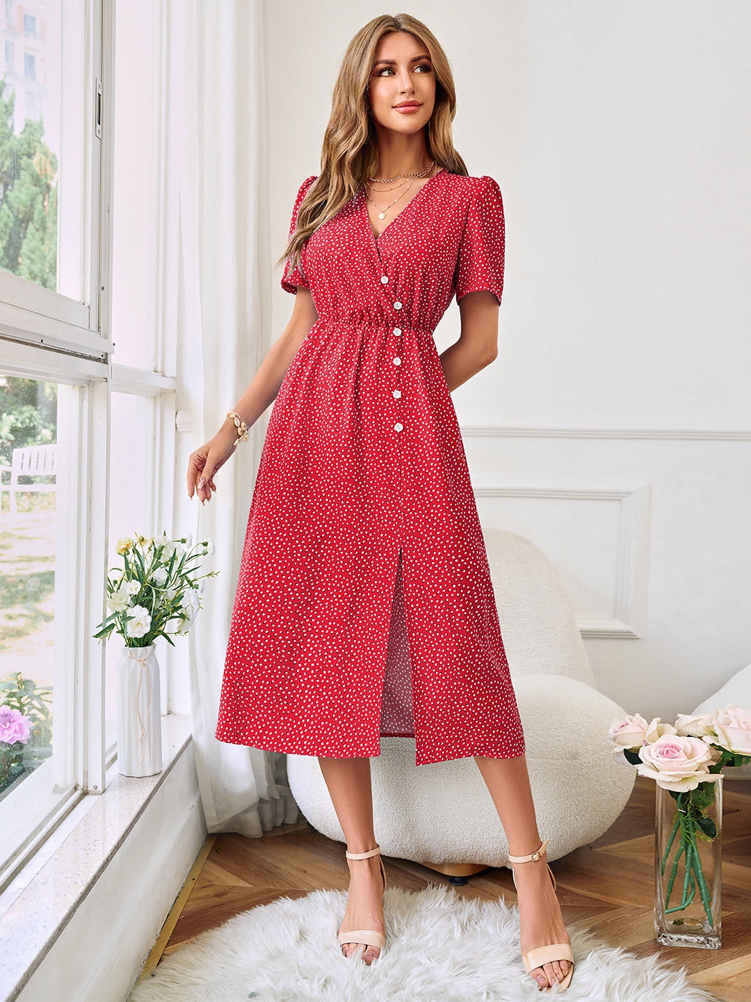 

StyleCast V Neck Short Bishop Sleeves Polka Dot Print Fit & Flare Midi Dress, Red