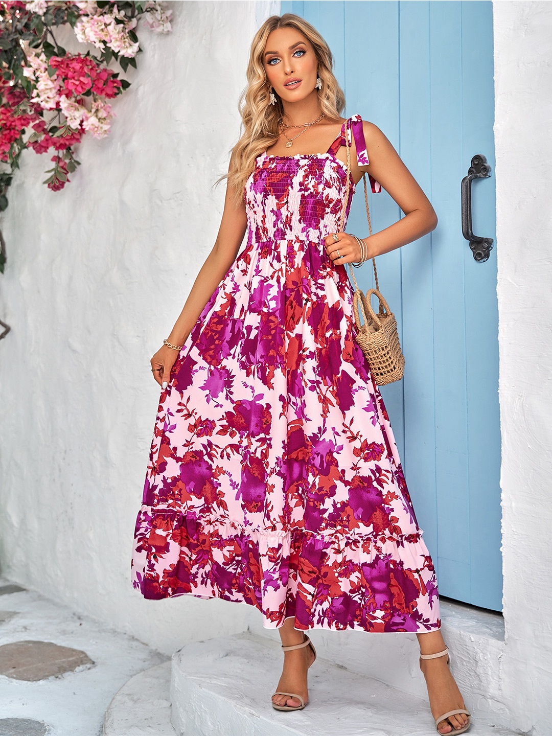 

StyleCast Purple & Pink Floral Printed Shoulder Straps Maxi Dress