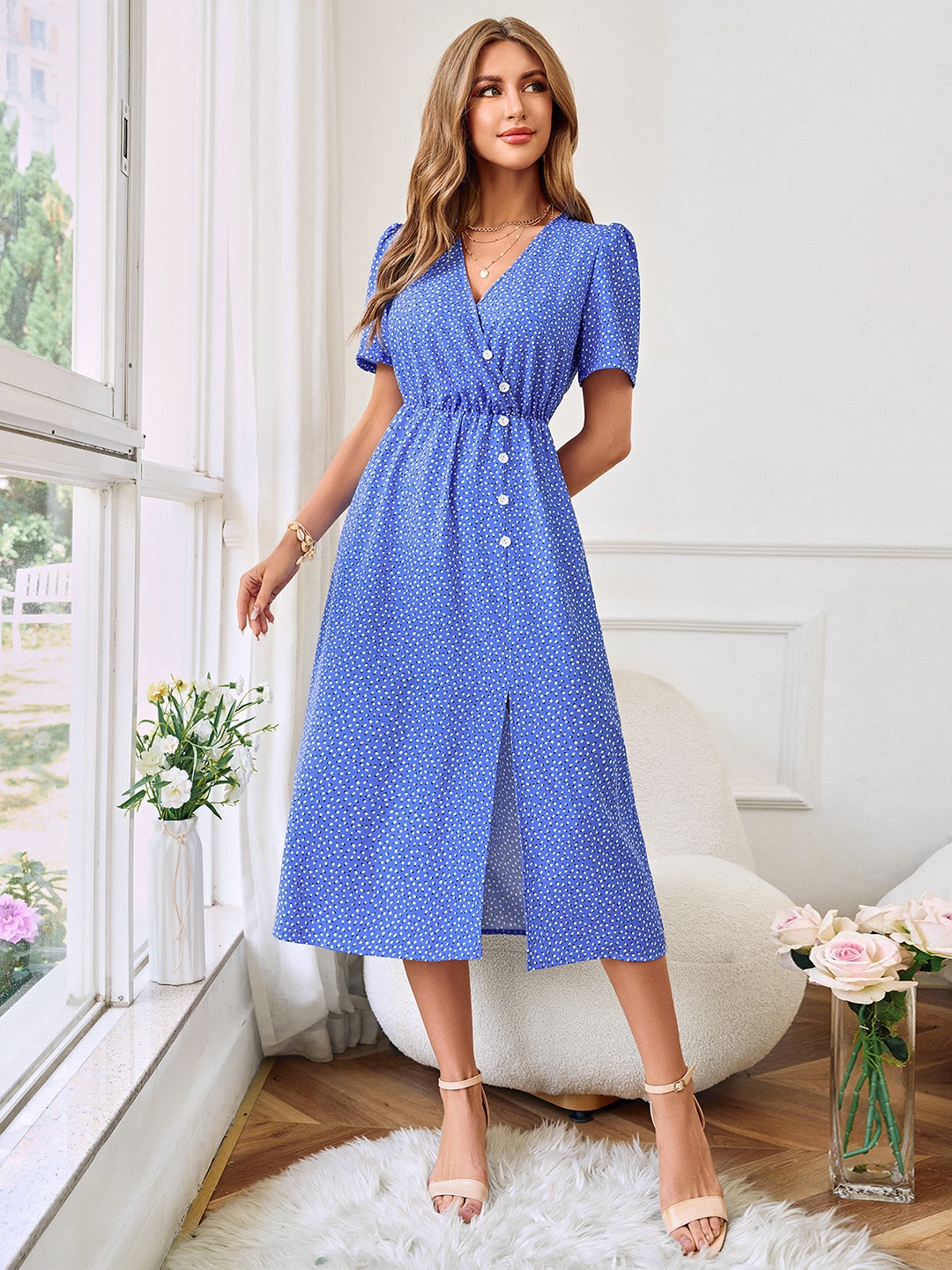 

StyleCast Blue & White Polka Dot Printed Fit & Flare Midi Dress