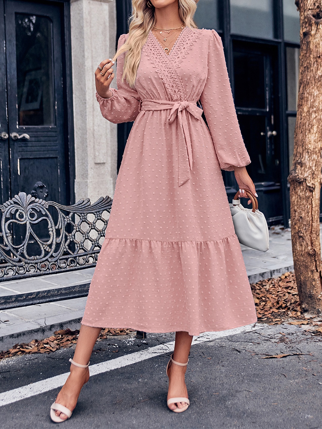 

StyleCast Pink Bishop Sleeves Fit and Flare Midi Dress