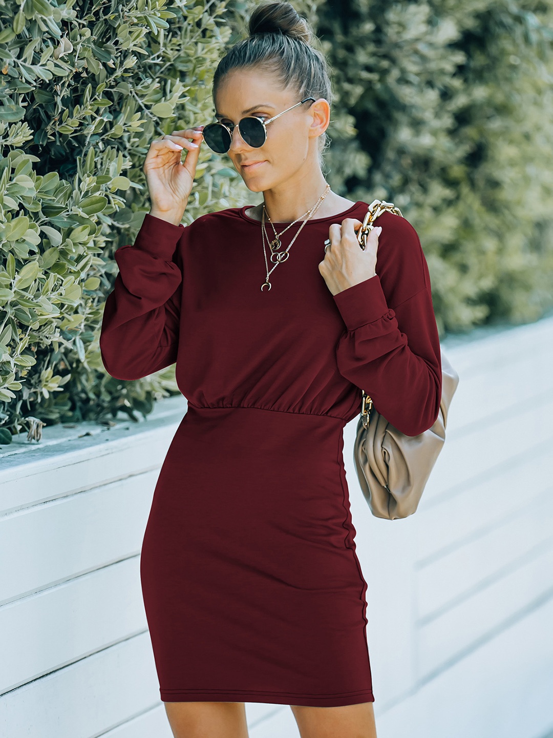 

StyleCast Cuffed Sleeves Round Neck Mini Dress, Maroon
