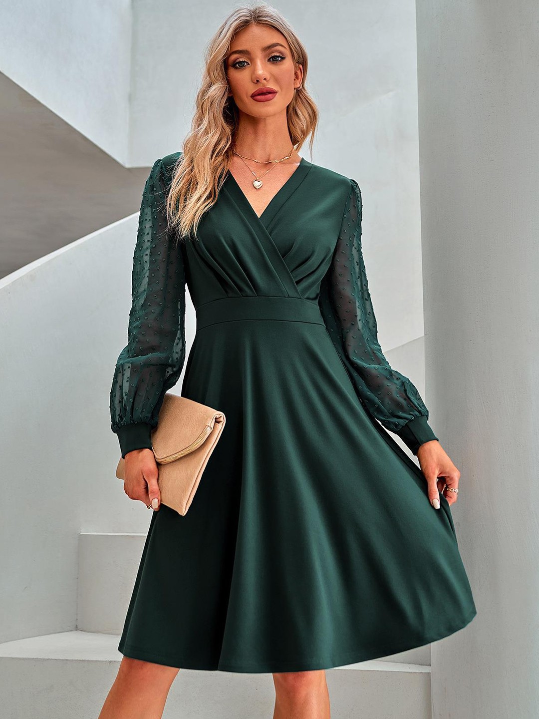 

StyleCast Green Puff Sleeve Fit & Flare Dress