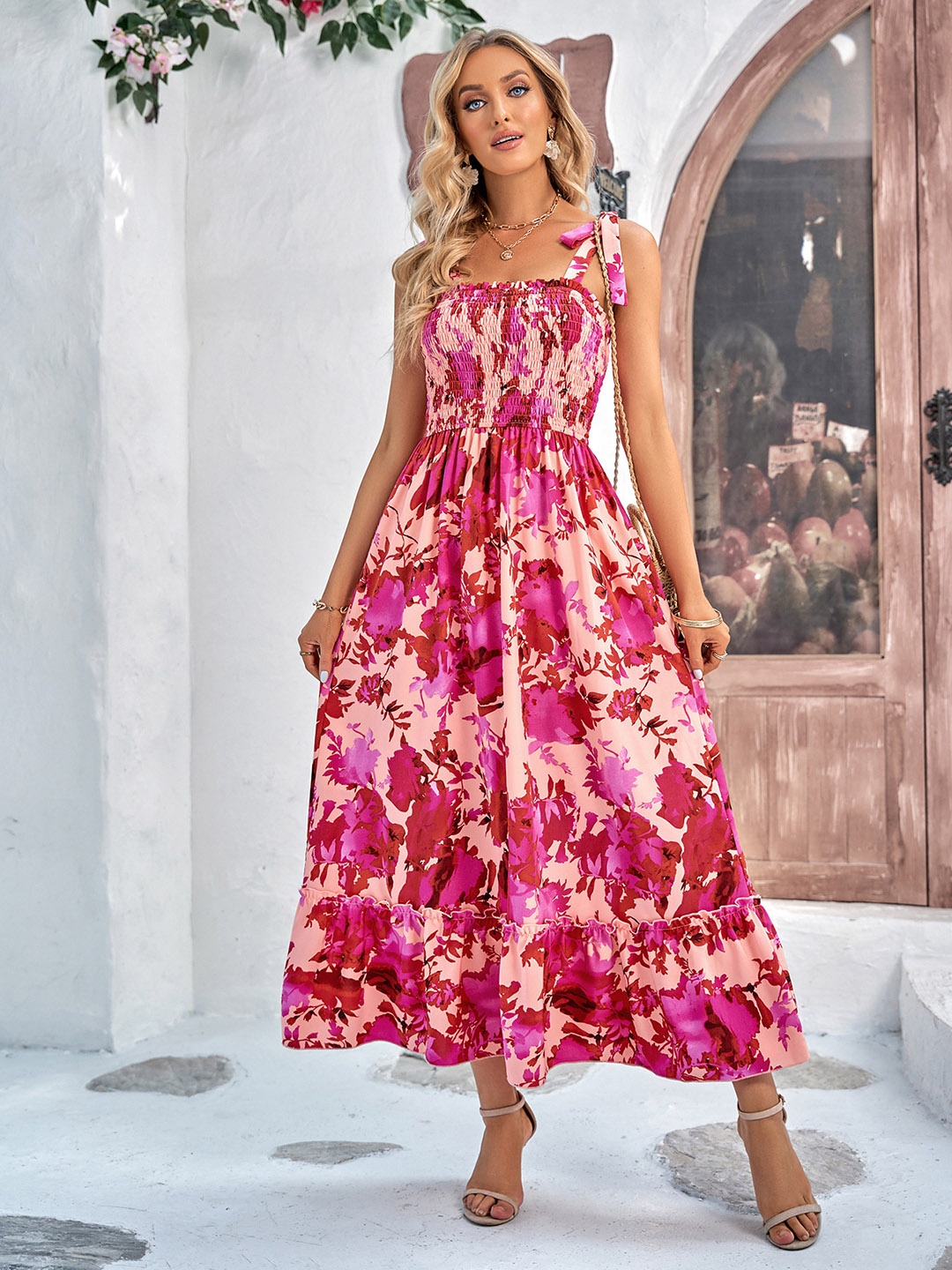 

StyleCast Pink & Peach Floral Print Smocked Fit and Flare Maxi Dress