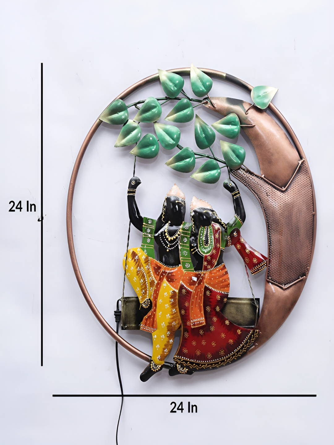 

Art House Orange Coloured & Green Radhakrishna Round Metal Wall Decor, Brown