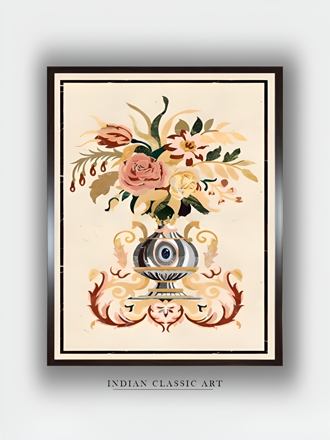 

INDIAN CLASSIC ART Cream & Blue Floral Canvas Paintings Wall Art