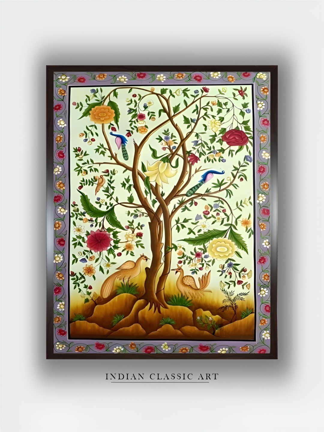 

INDIAN CLASSIC ART Green & Red Wooden Birds and Animals Painting Wall Art