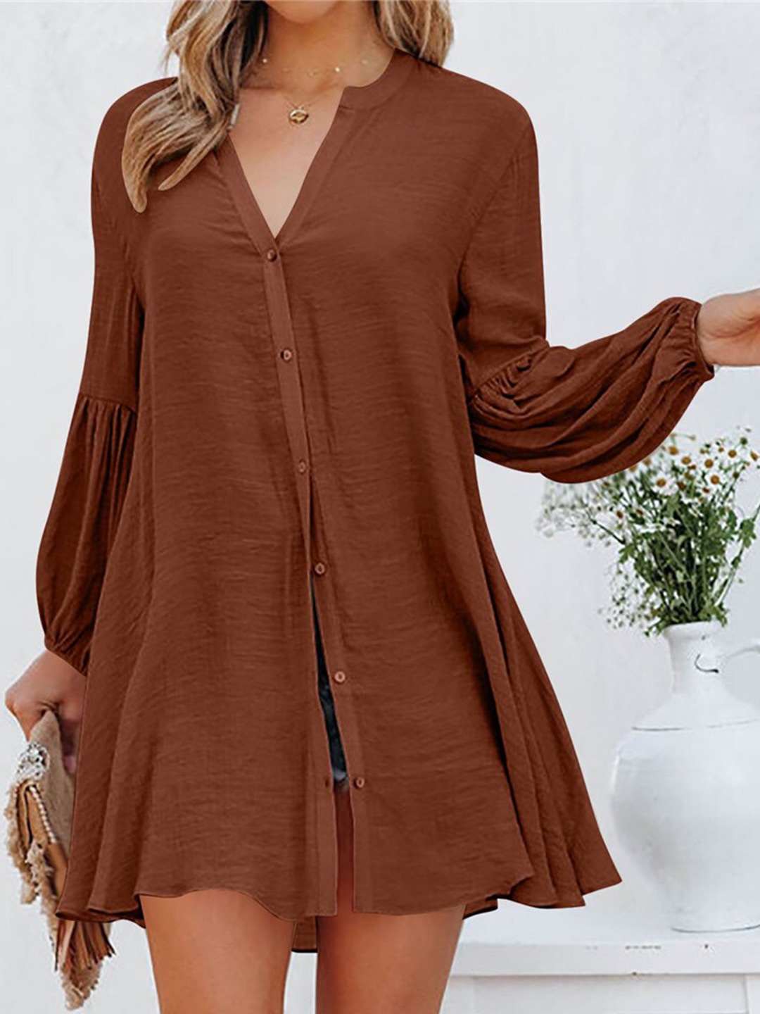 

StyleCast Brown Mandarin Collar Shirt Style Longline Top