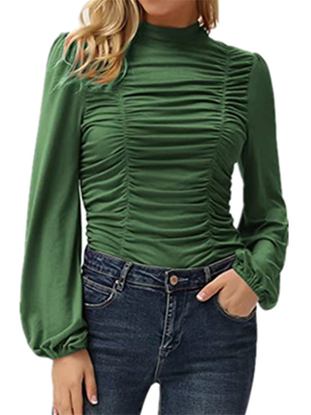 

StyleCast Olive Green Puff Sleeve Ruched High Neck Top