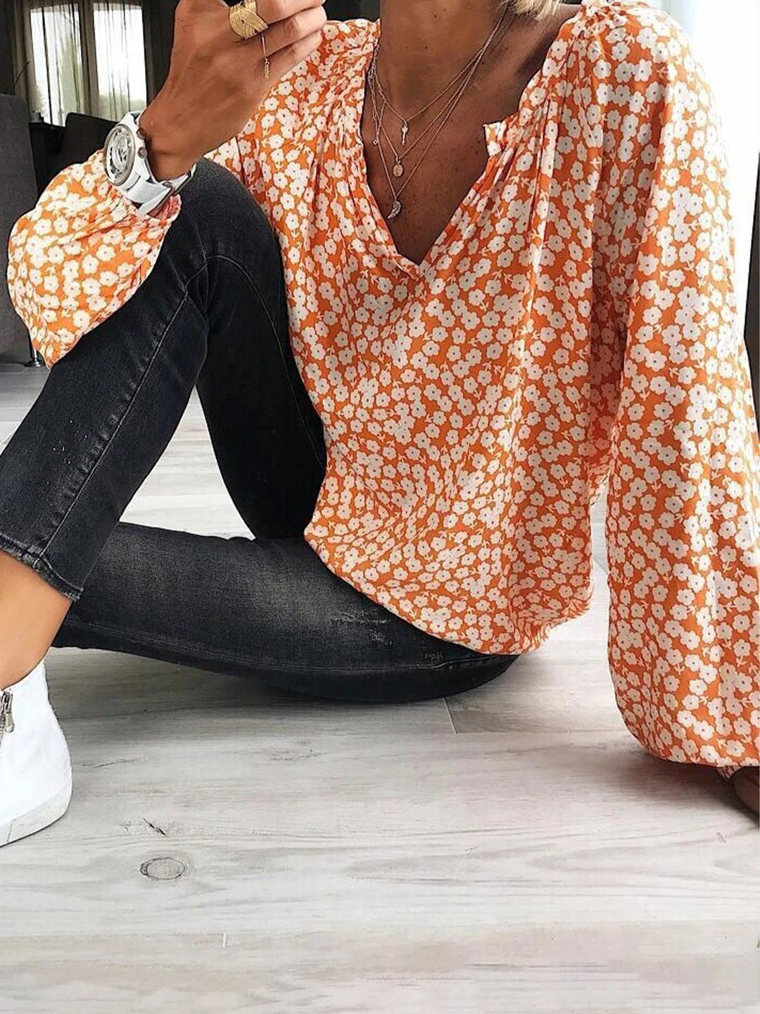 

StyleCast Orange Floral Printed Cotton Top