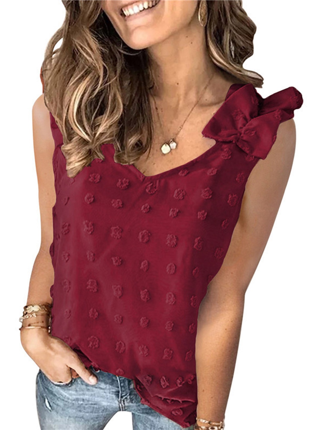 

StyleCast Maroon Self Design Sleeveless Ruffles Top