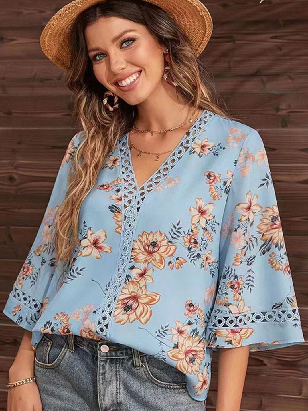 

StyleCast Blue Floral Print V-Neck Flared Sleeves Regular Top