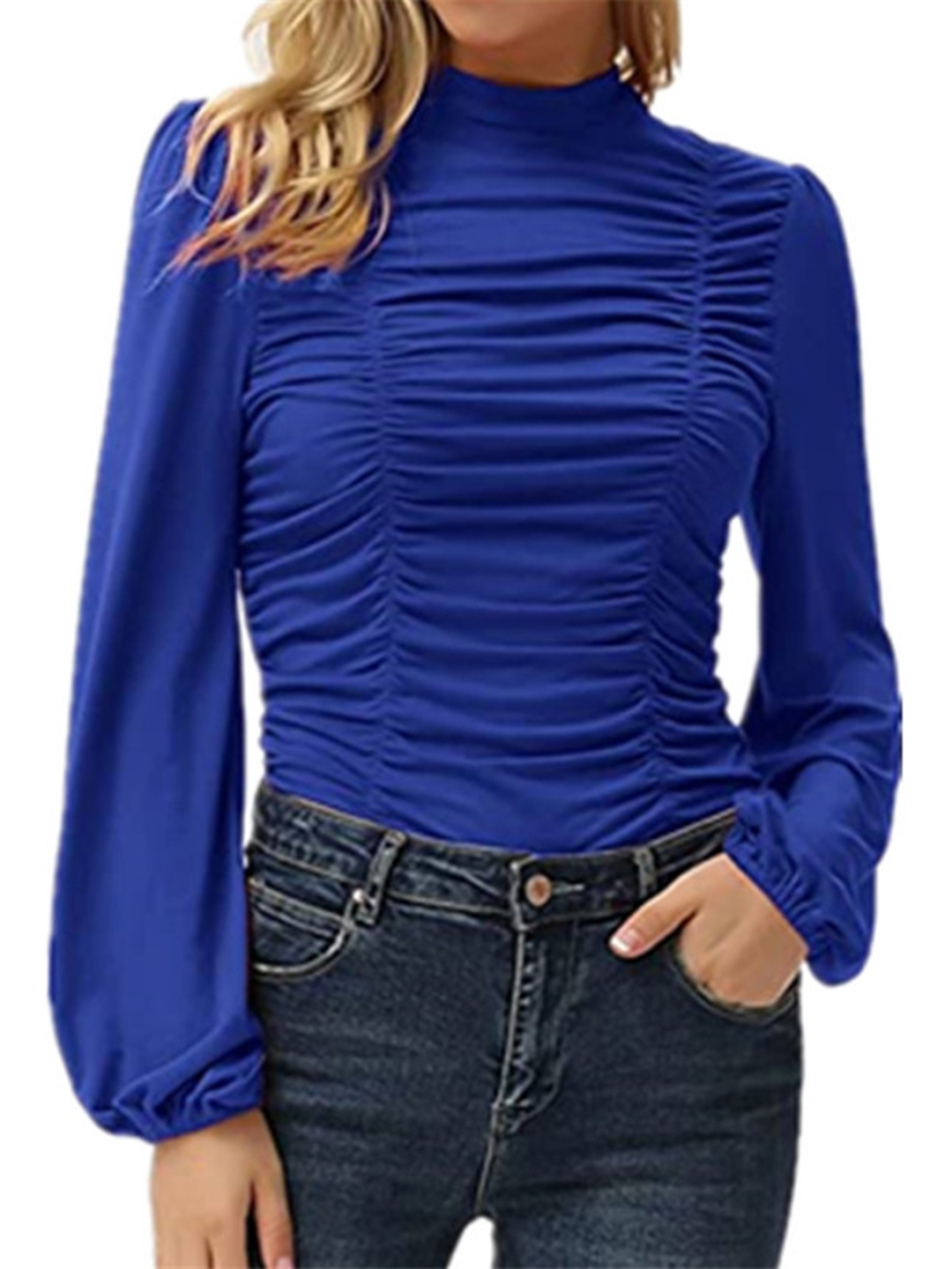 

StyleCast Blue High Neck Fitted Cotton Top