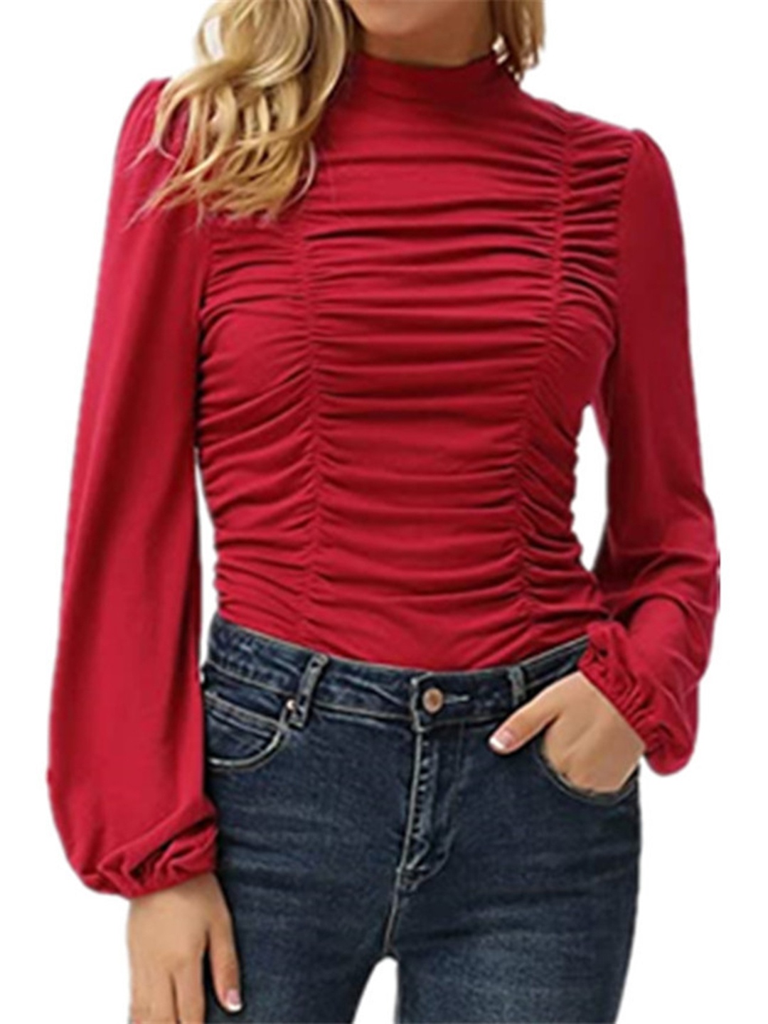 

StyleCast Maroon High Neck Ruched Cotton Top