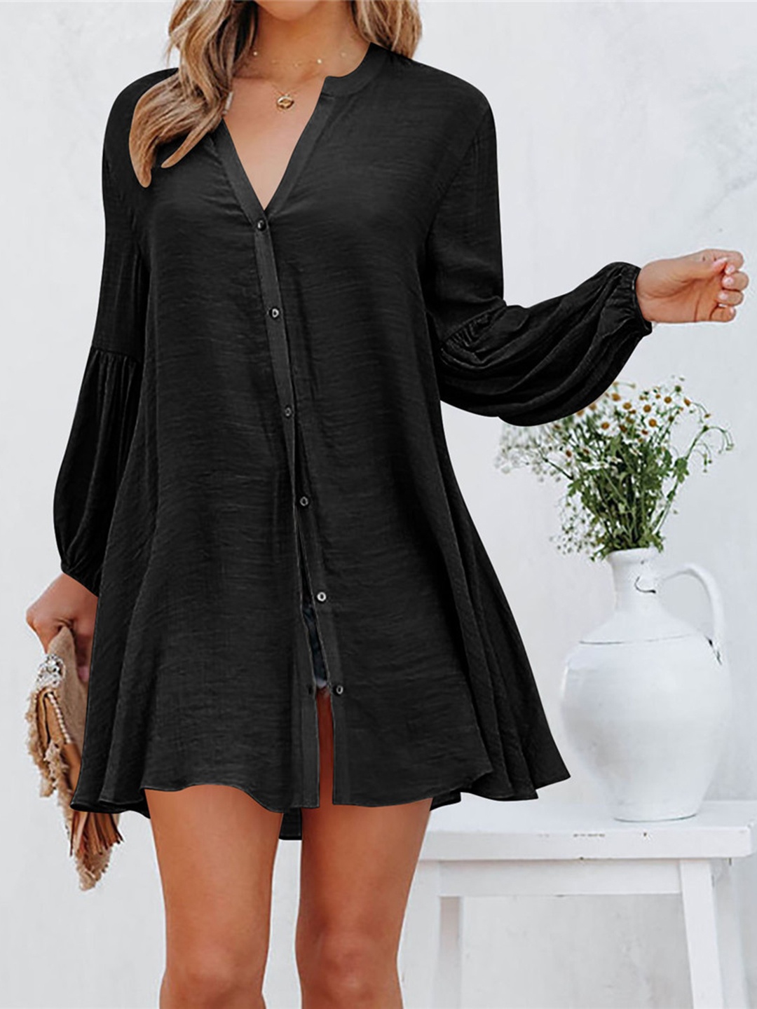 

StyleCast Black Cotton Mandarin Collar Cotton Shirt Style Longline Top