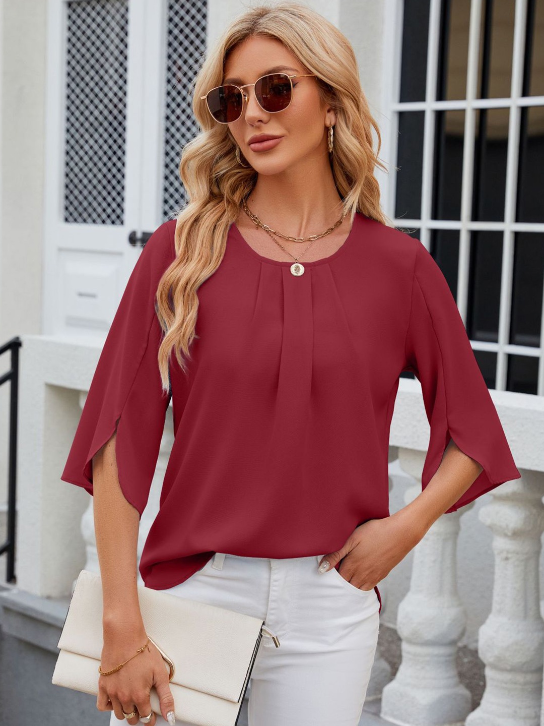 

StyleCast Maroon Round Neck Casual Top