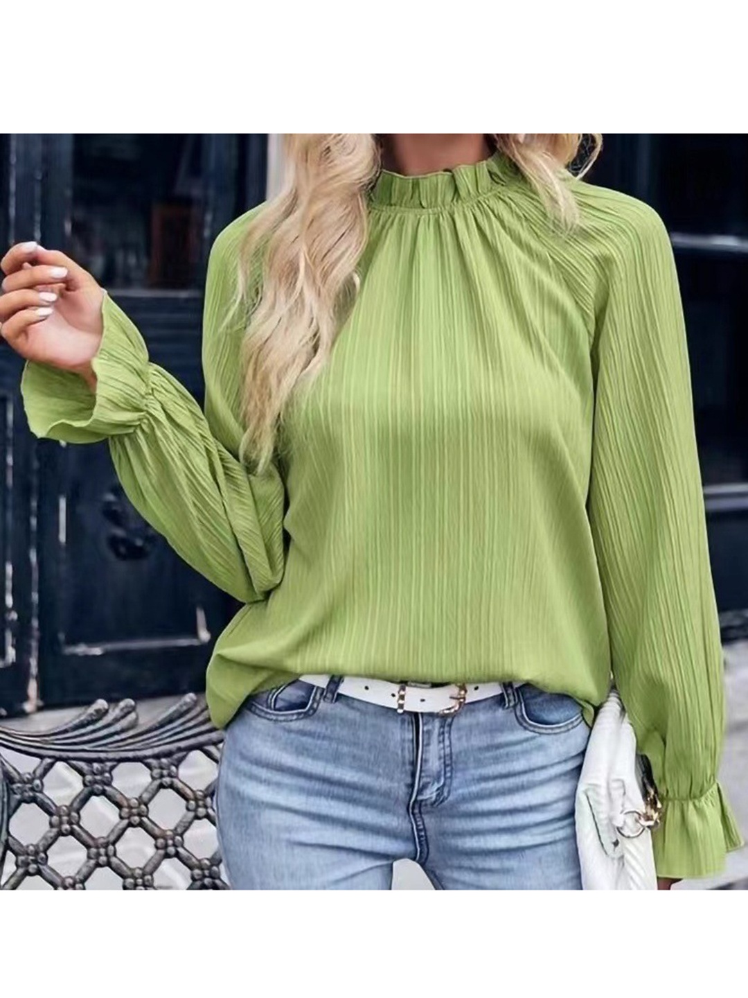 

StyleCast Green Vertical Striped High Neck Top