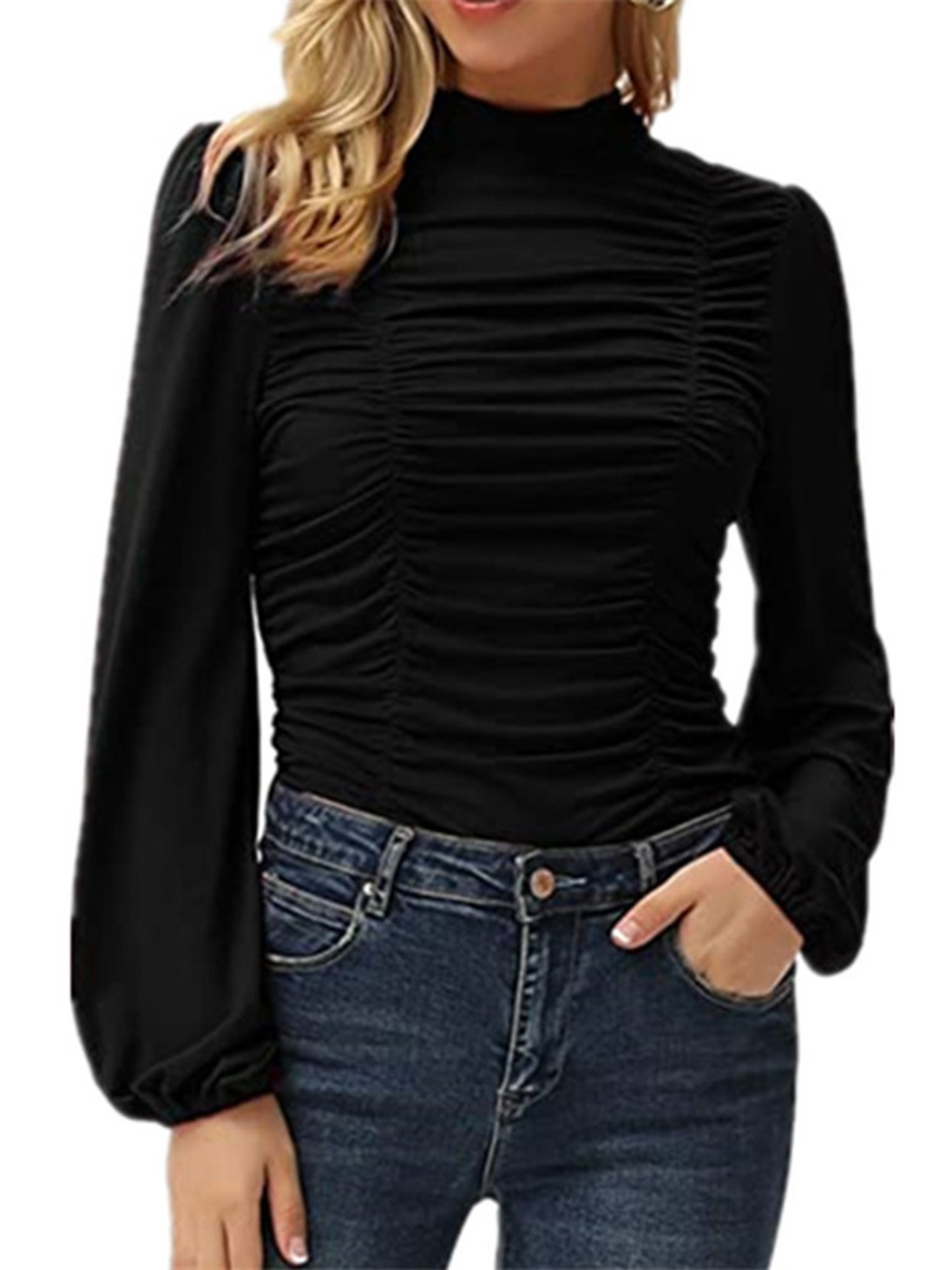 

StyleCast Black High Neck Puff Sleeves Ruched Detail Cotton Top
