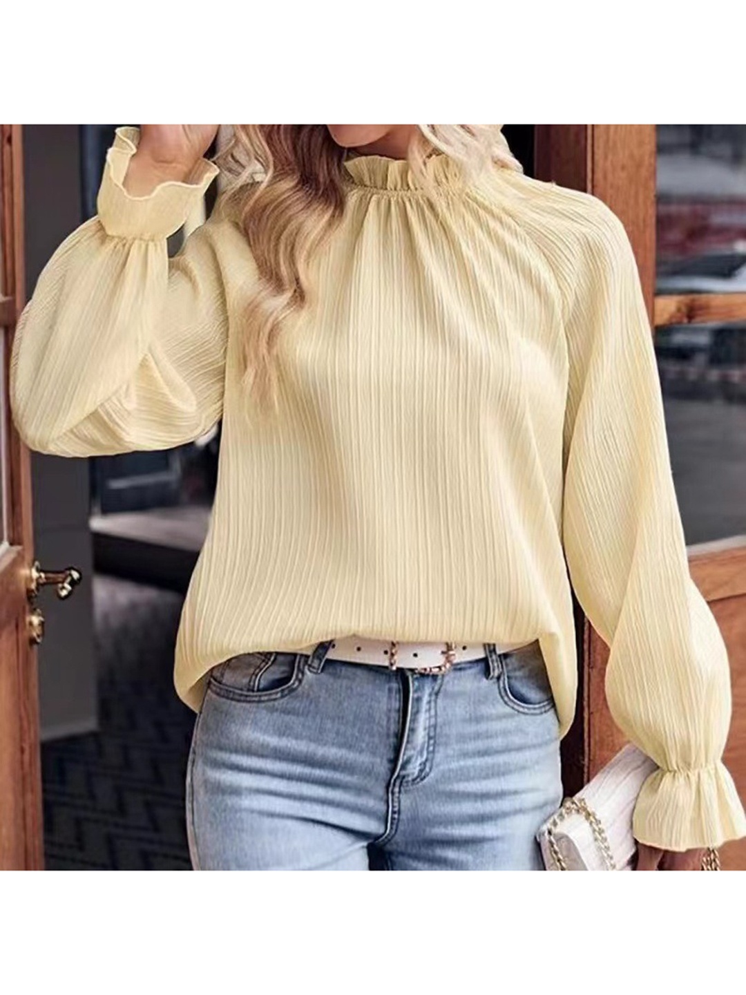 

StyleCast Off White Striped High Neck Top