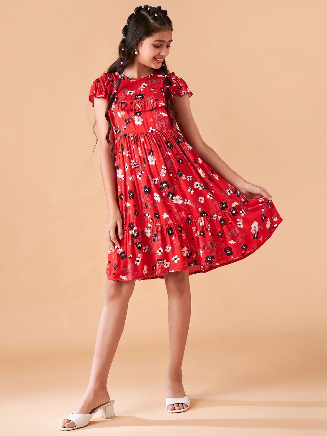 

Cherry & Jerry Girl Ruffled Short Sleeves Floral Print Empire Dress, Red