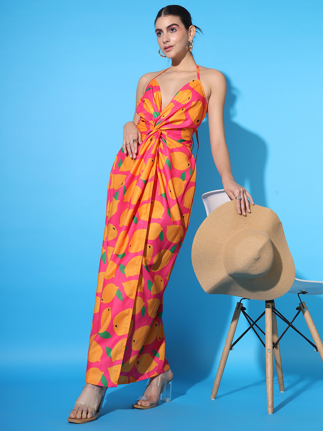 

SCORPIUS Shoulder straps Sleeveless Printed Cotton Maxi Dress, Pink