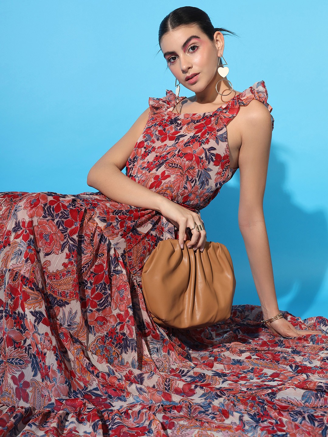 

SCORPIUS Floral Printed Square Neck Georgette Fit & Flare Maxi Dress, Red