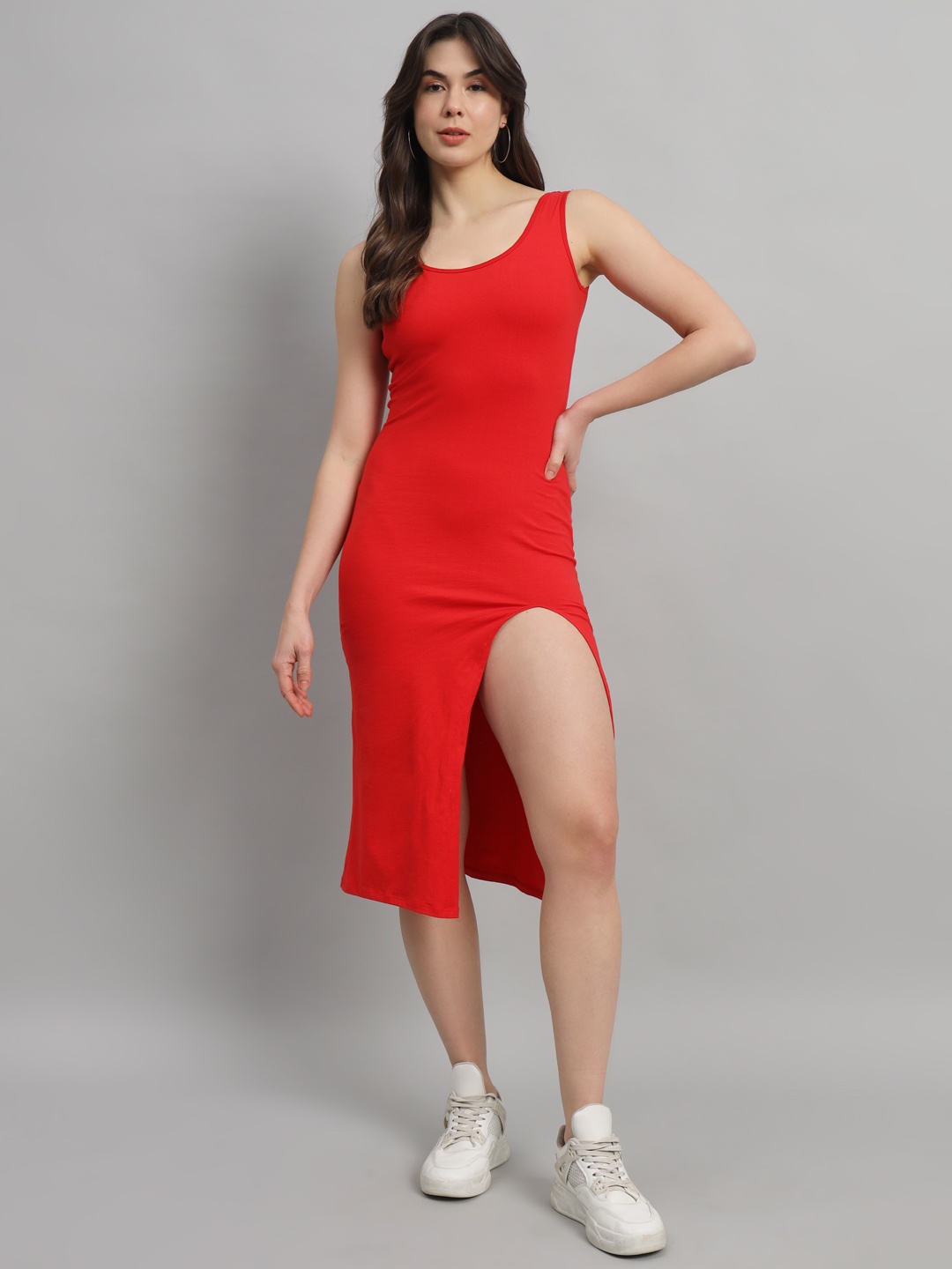 SCORPIUS Bodycon Cotton Midi Dress, Red