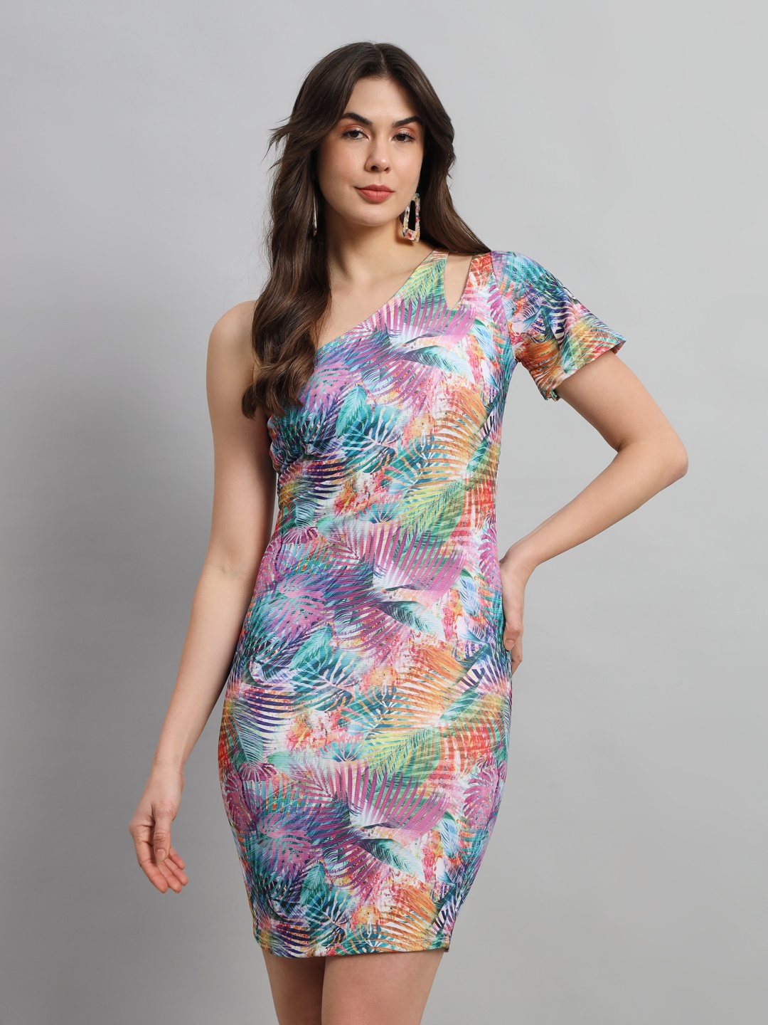

SCORPIUS Floral Printed One Shoulder Bodycon Dress, Purple