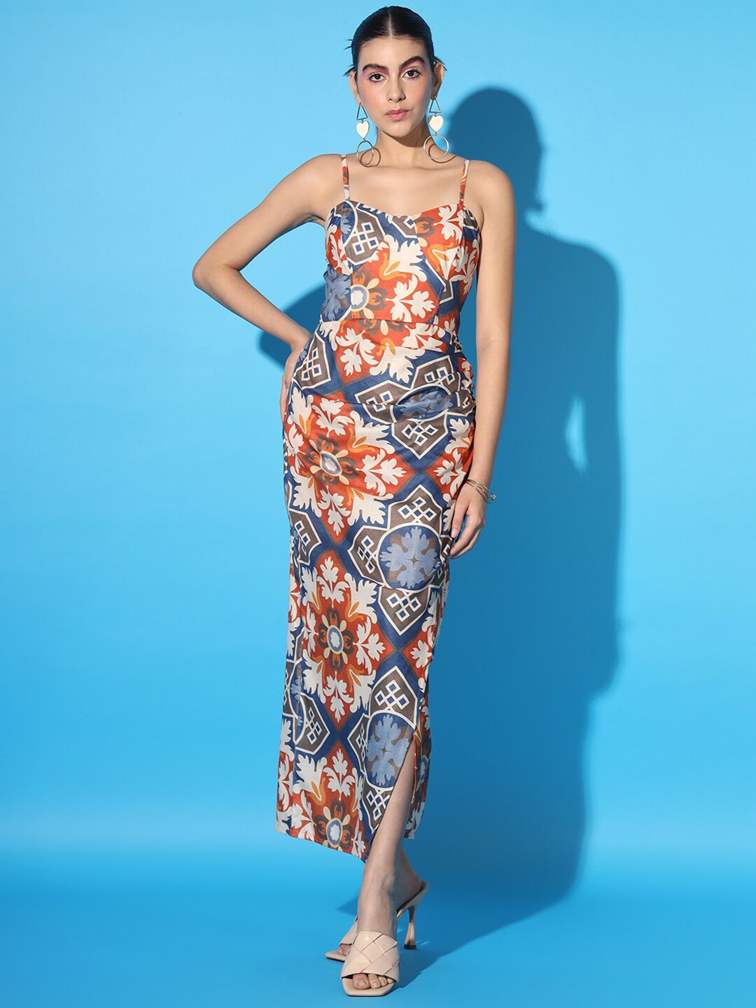 

SCORPIUS Shoulder Straps Sleeveless Ethnic Motifs Printed Cotton Maxi Dress, Blue