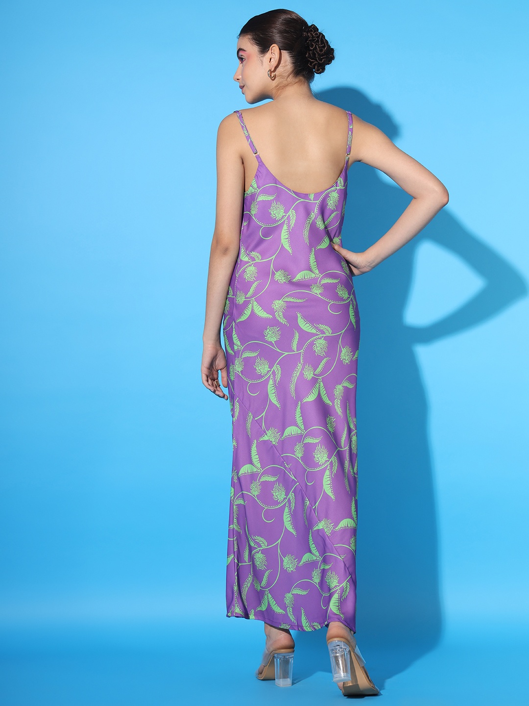 SCORPIUS Floral Printed Shoulder Straps Georgette Maxi Dress, Purple