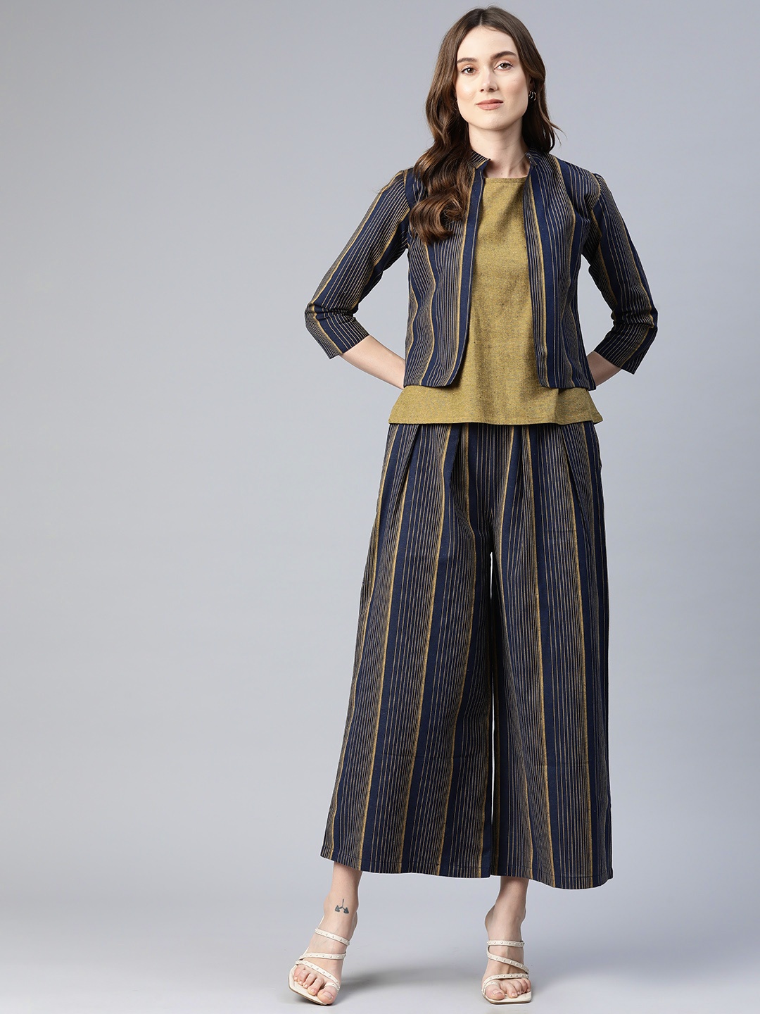 

Cottinfab Women Solid Cotton Top with Trousers & Jacket, Navy blue