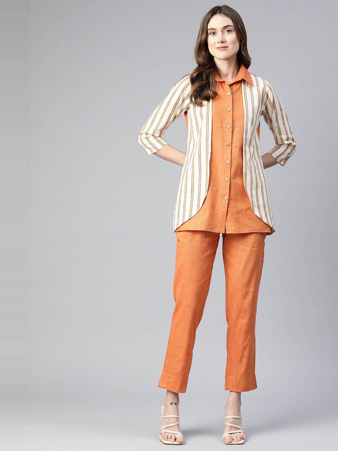 

Cottinfab Women Layered Striped Shirt and Trouser, Orange