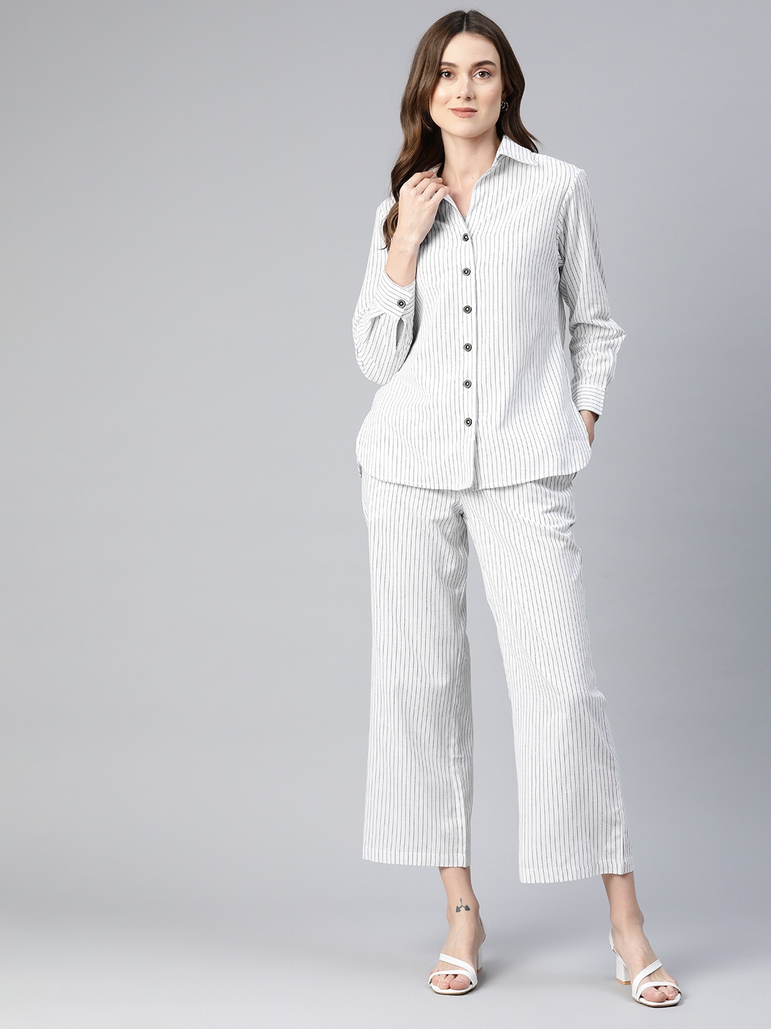 

Cottinfab Women Striped Cotton Shirt with Trousers, White