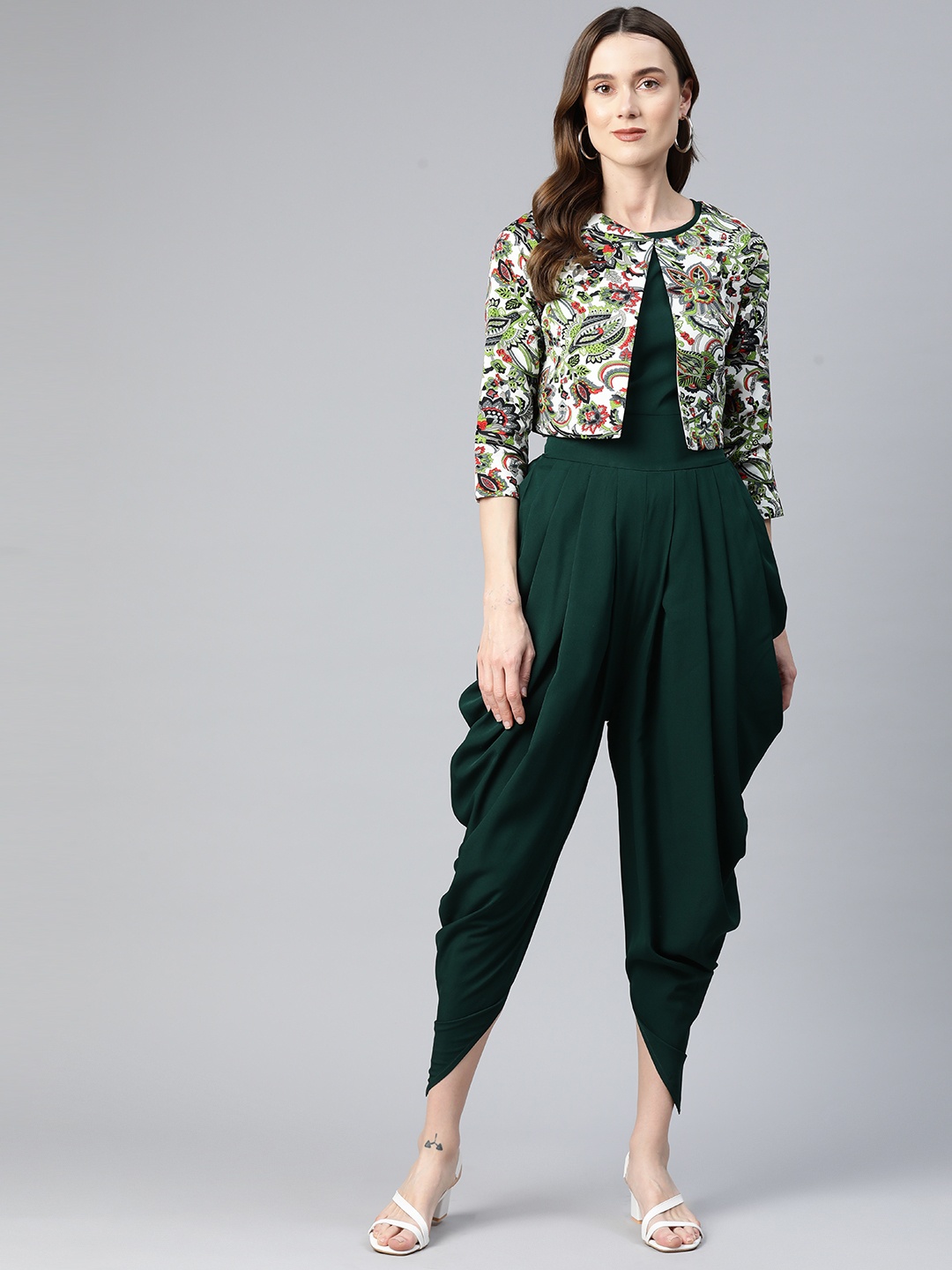 

Cottinfab Solid Dhoti Jumpsuit with Jacket, Green