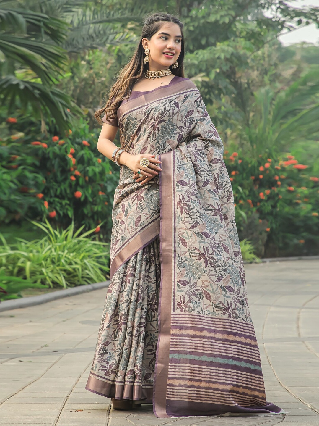 

PBS PRINTS Floral Print Zari Tussar Saree, Mauve