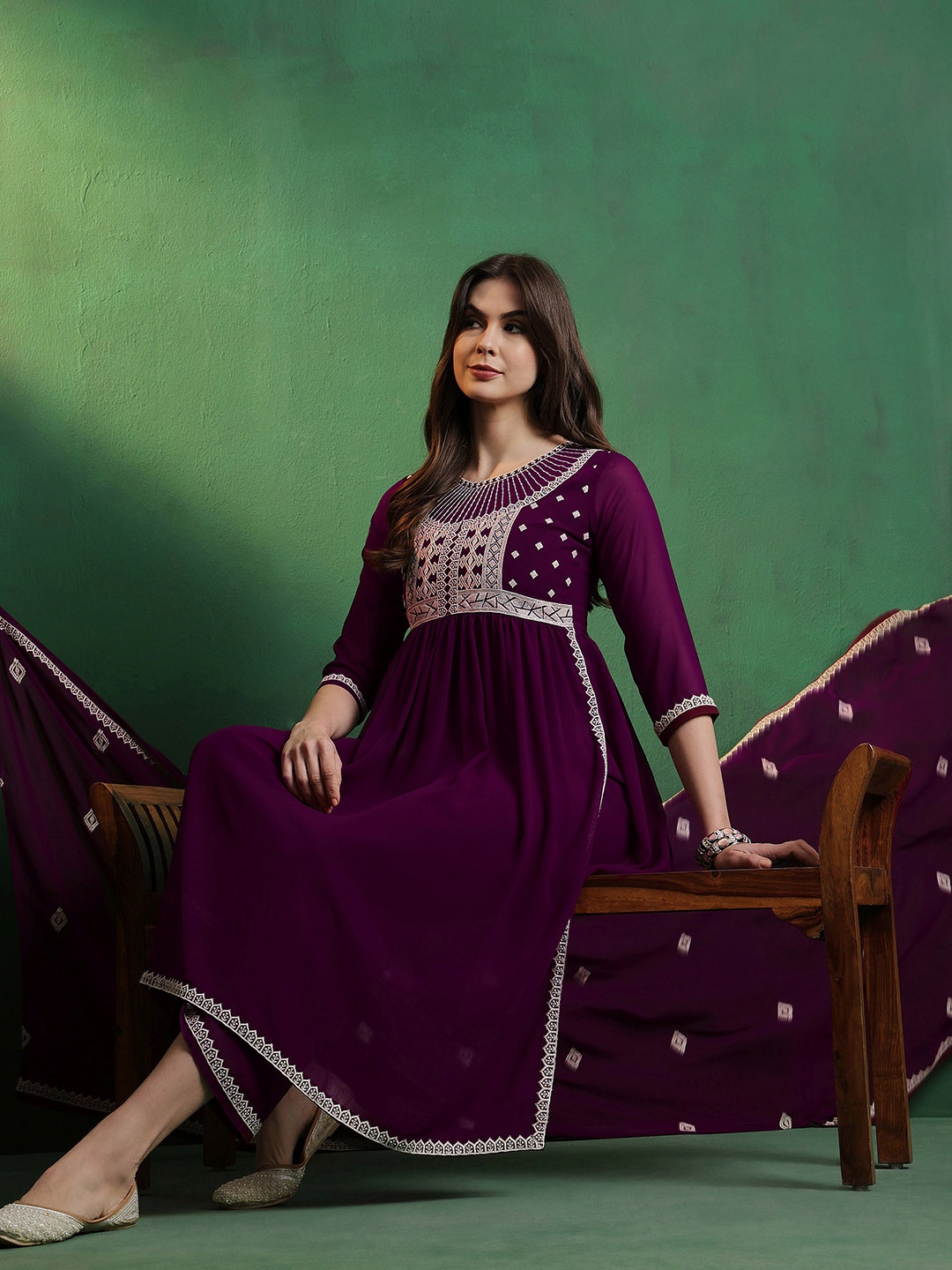 

Sangria Round Neck Ethnic Embroidered A-Line Kurta With Palazzo & Dupatta, Burgundy