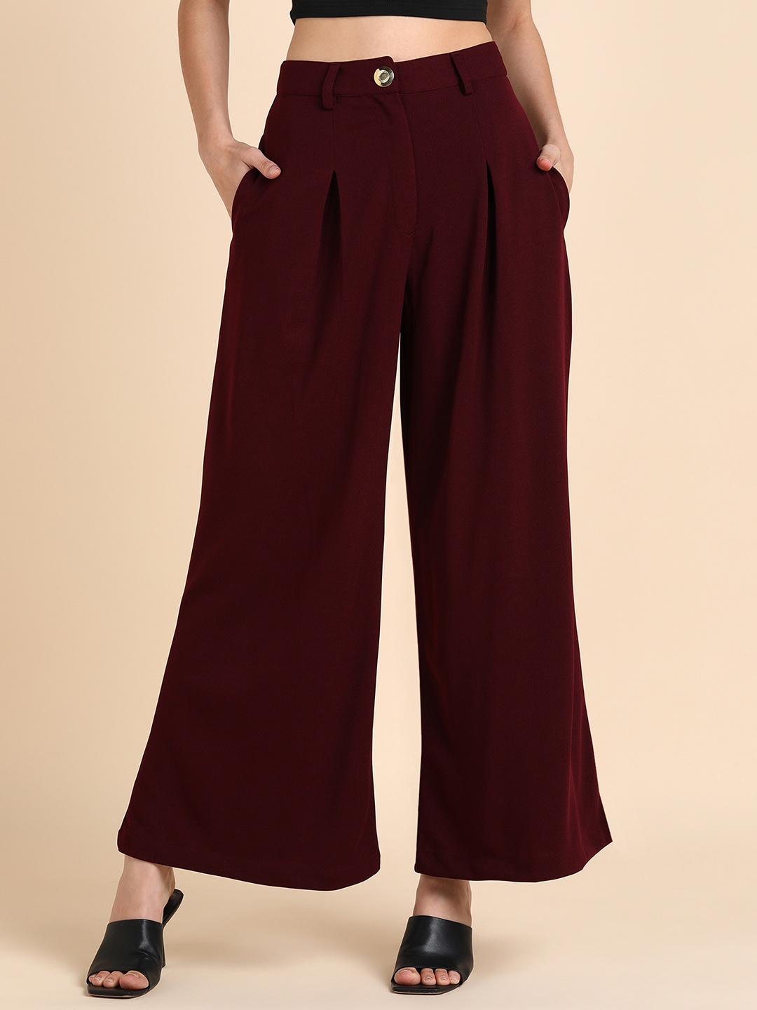 

DODO & MOA Women Relaxed Fit Pleated Parallel Trousers, Burgundy