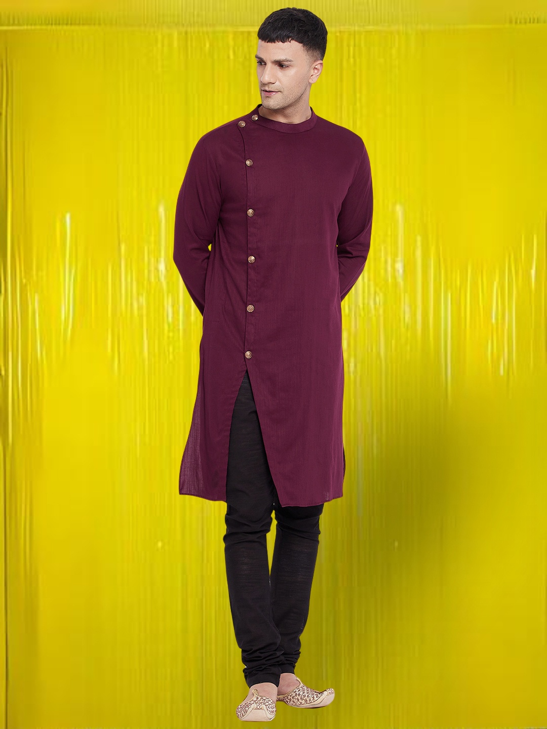 

even Pure Cotton Band Collar Kurta, Maroon