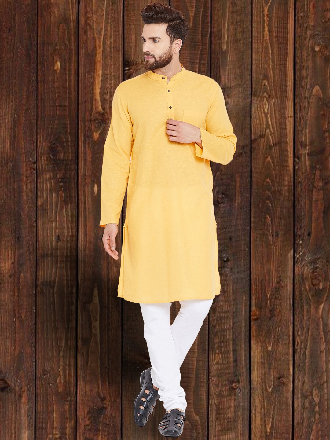 

even Band Collar Pure Cotton Straight Kurta, Yellow