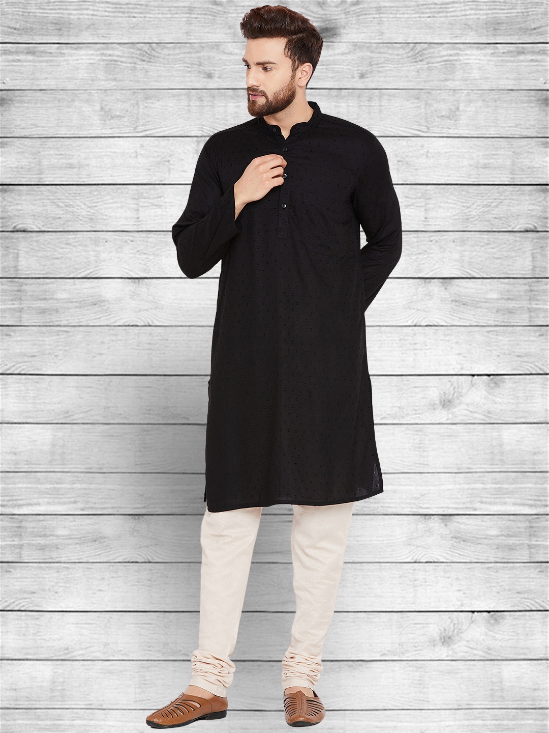 

even Mandarin Collar Straight Kurta, Black