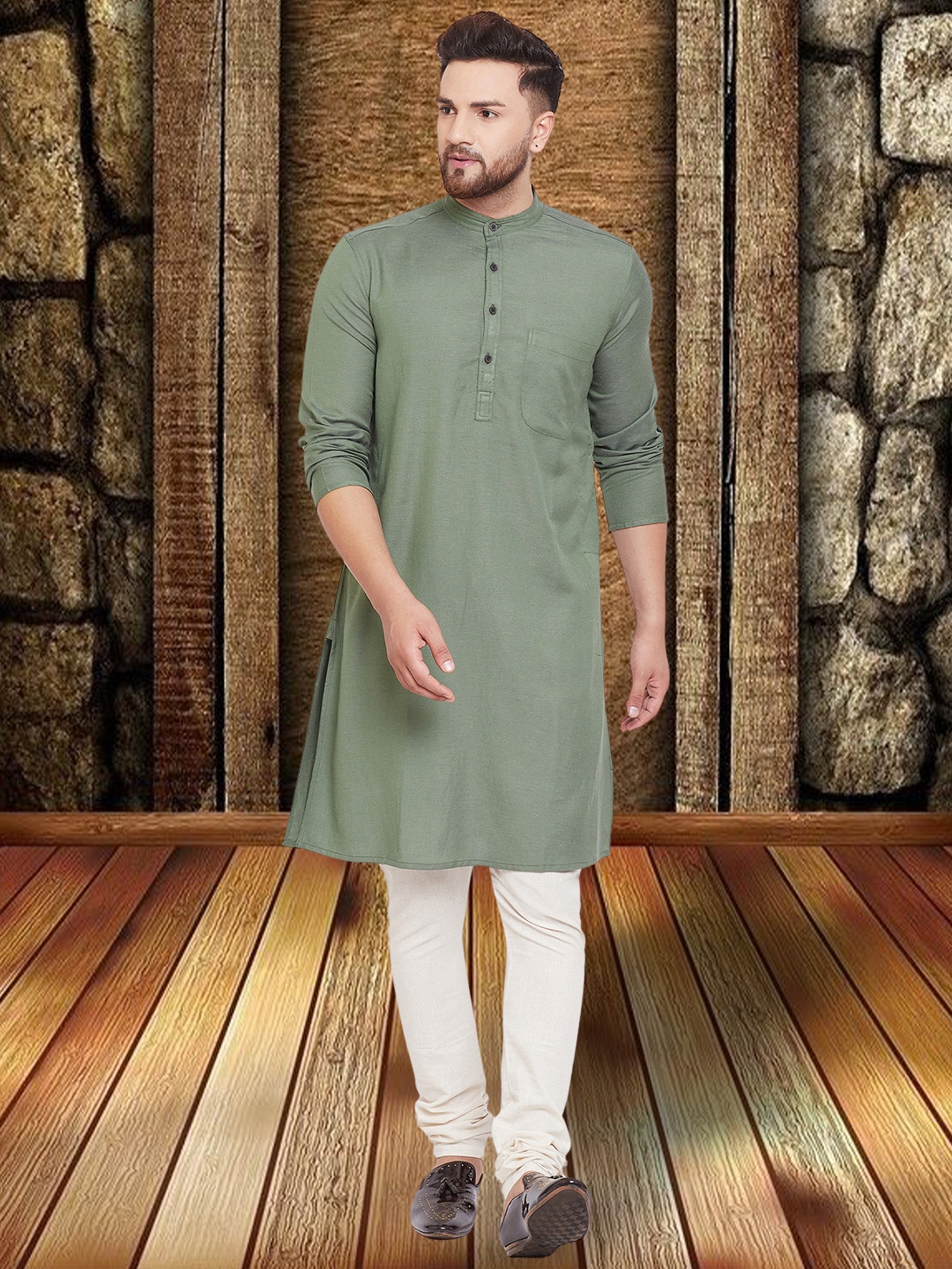 

even Mandarin Collar Straight Kurta, Green