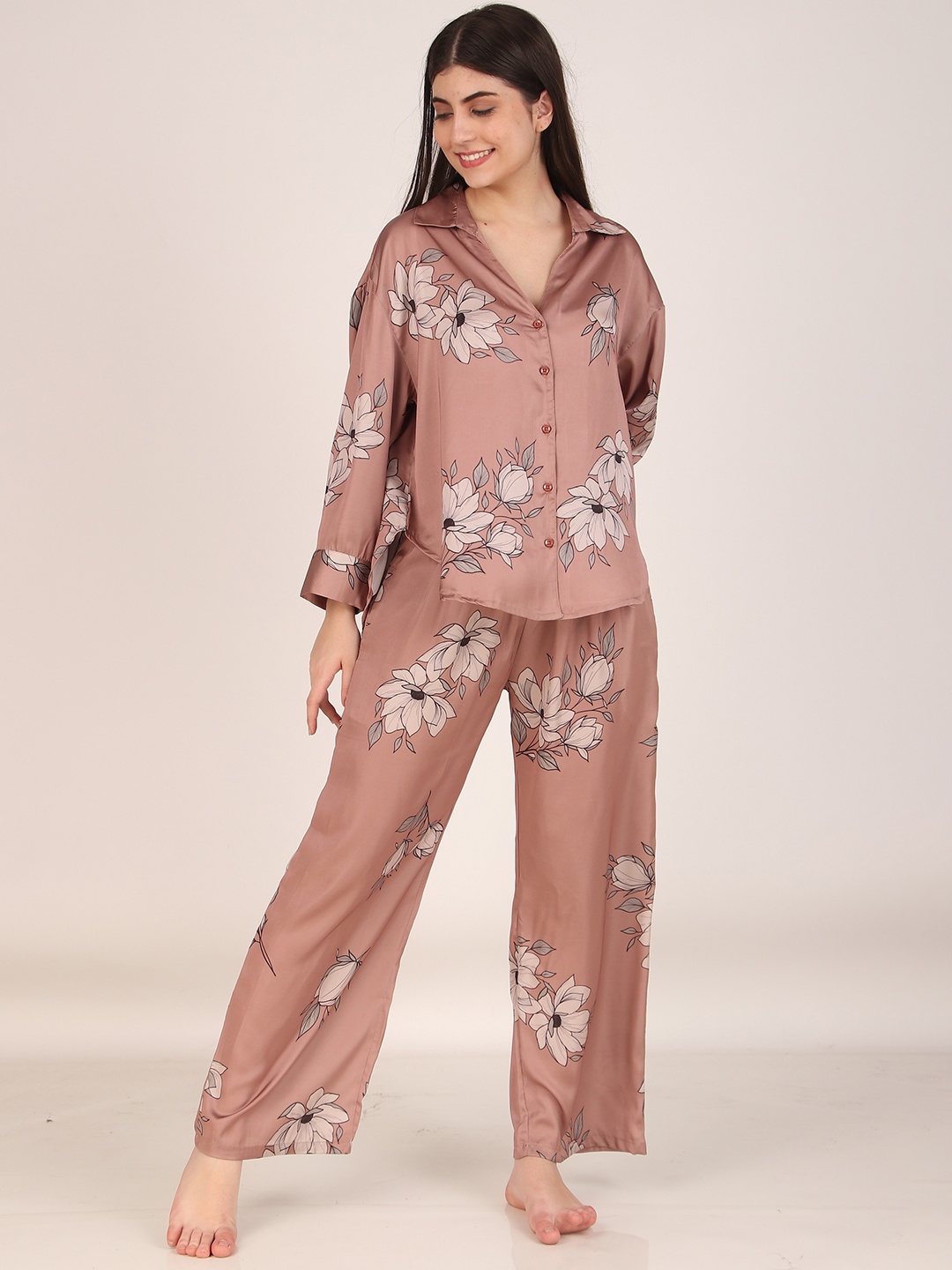 

Masha Brown & Grey Floral Printed Shirt Collar Satin Night Suit