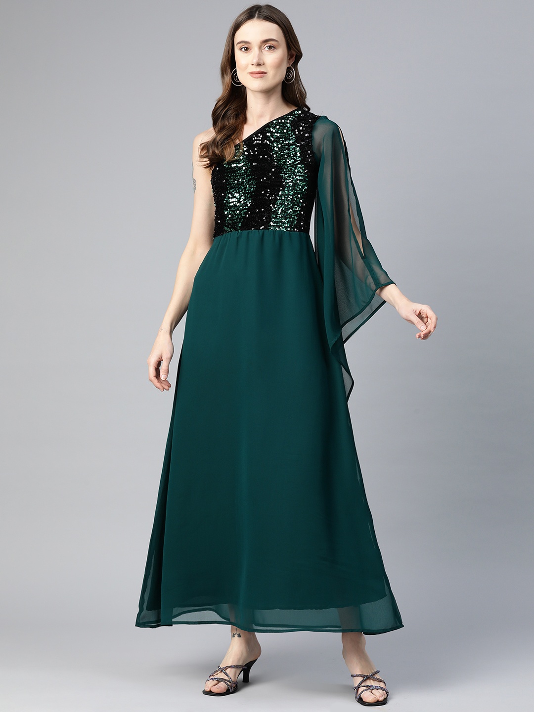 

Cottinfab Embellished One Shoulder Slit Sleeves Georgette Maxi Dress, Green