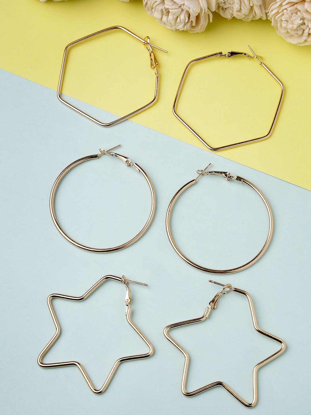 

NVR Set Of 3 Rhodium Plated Geometric Hoop Earrings, Gold