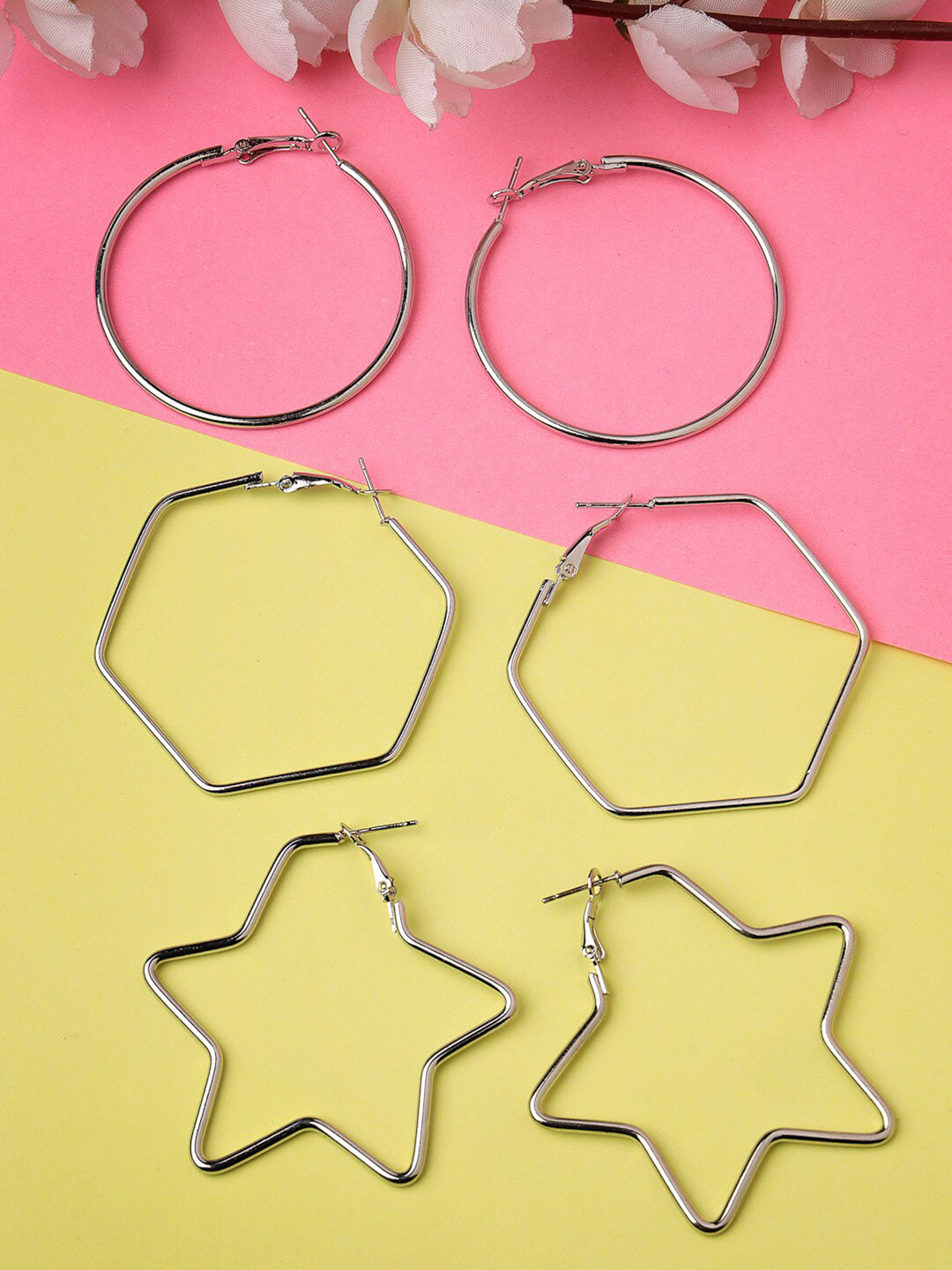 

NVR Set Of 3 Geometric Silver-Plated Hoop Earrings, Gold