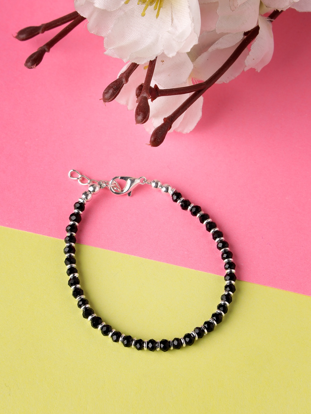 

NVR Women Silver Plated Black Beaded Adjustable Bracelet