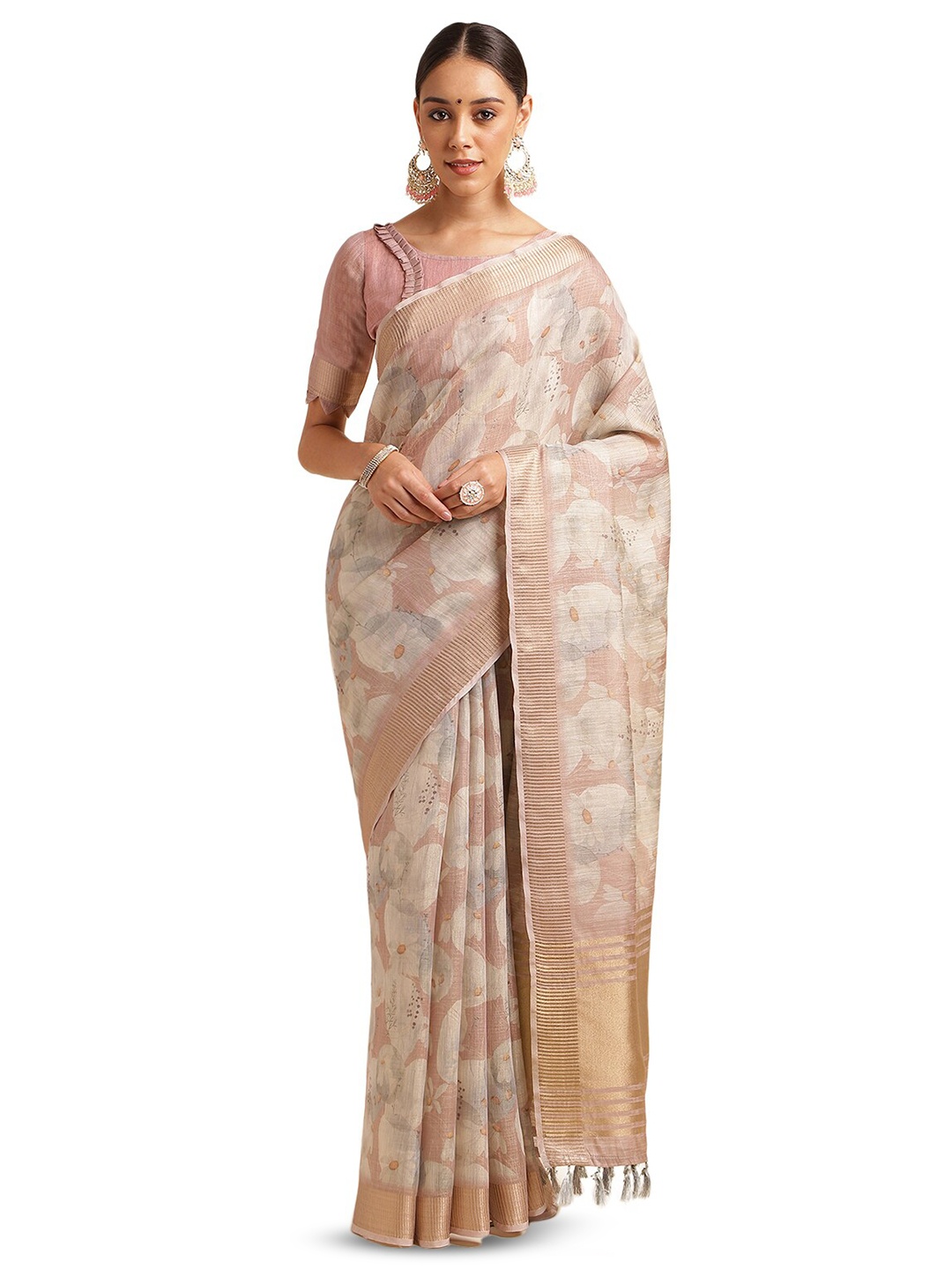 

DOI MOI Floral Zari Organza Banarasi Saree, Brown