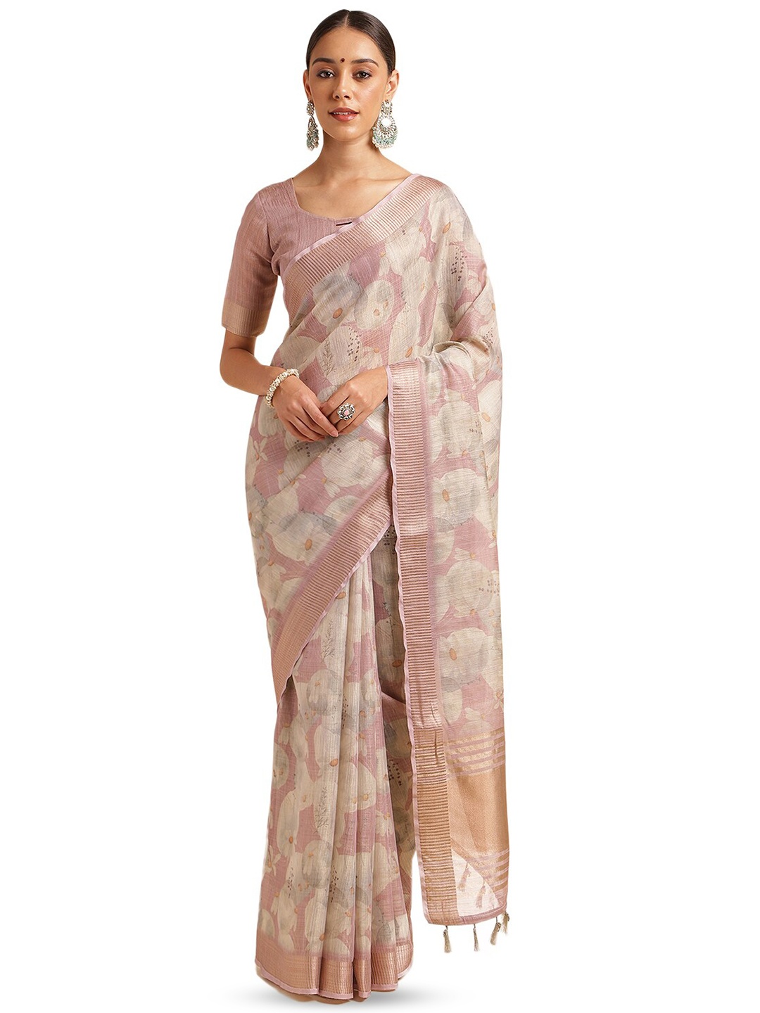 

DOI MOI Floral Zari Organza Banarasi Saree, Pink