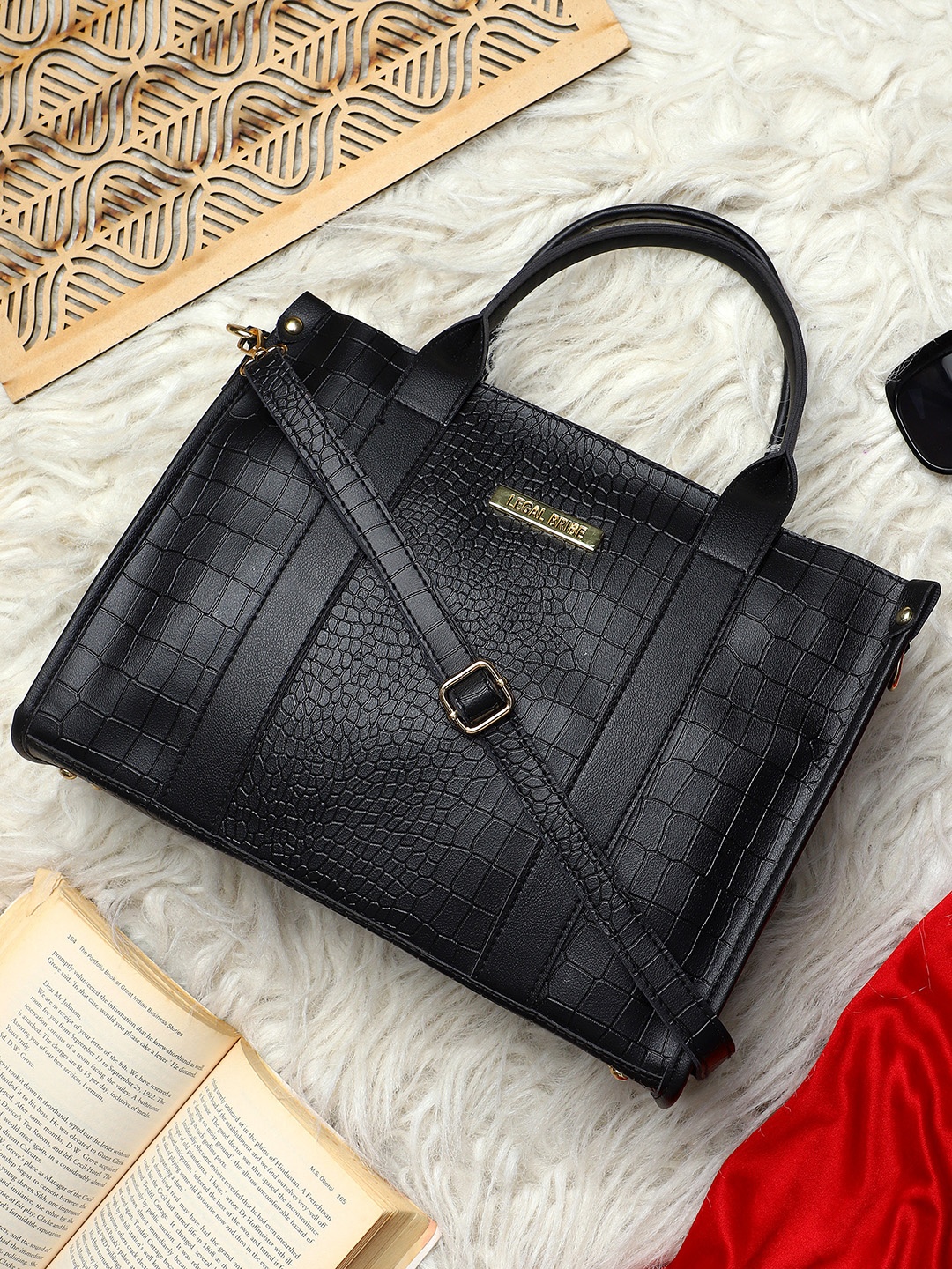 

LEGAL BRIBE Textured PU Structured Handheld Bag, Black