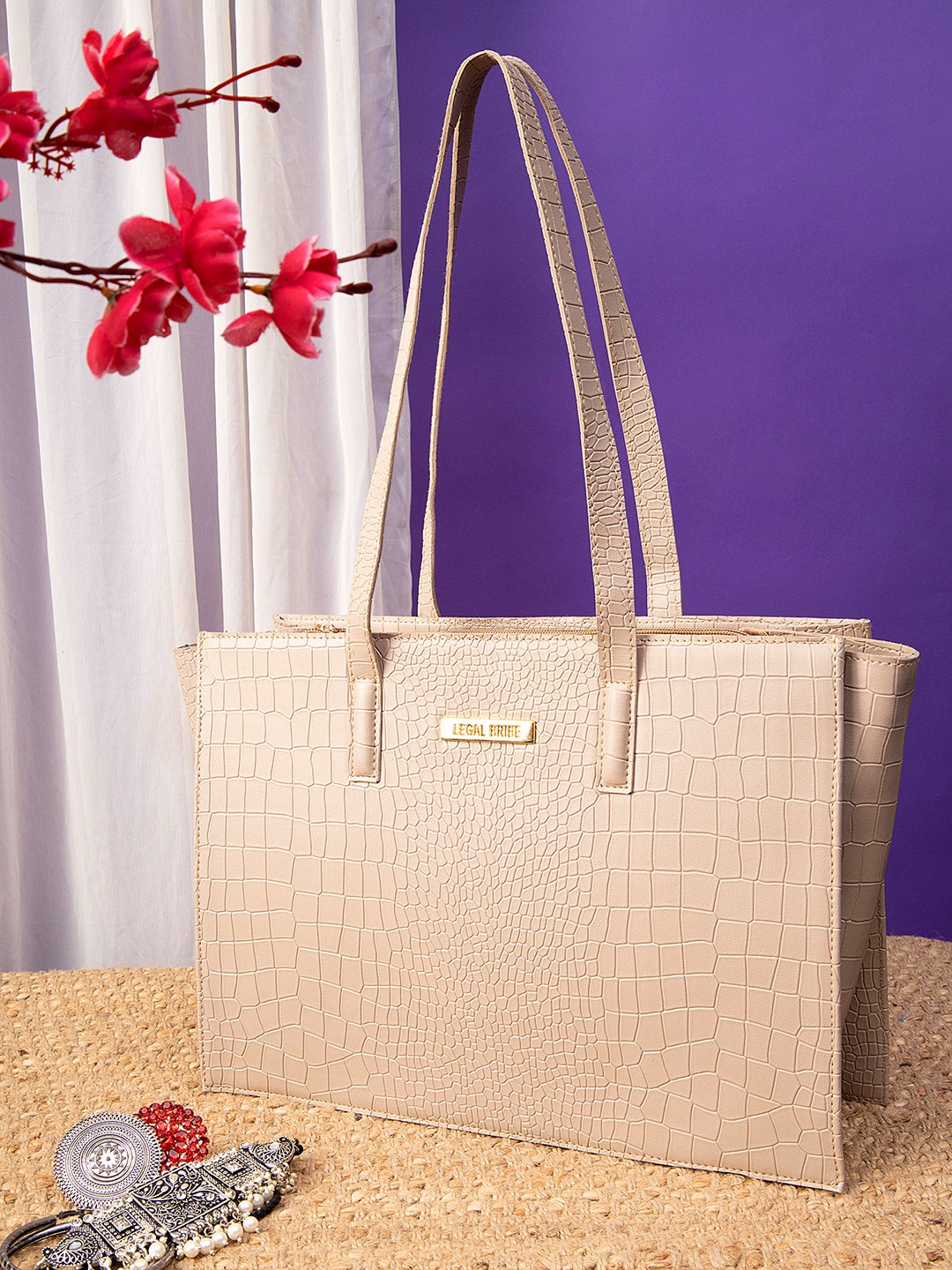

LEGAL BRIBE Textured PU Shopper Tote Bag, Beige