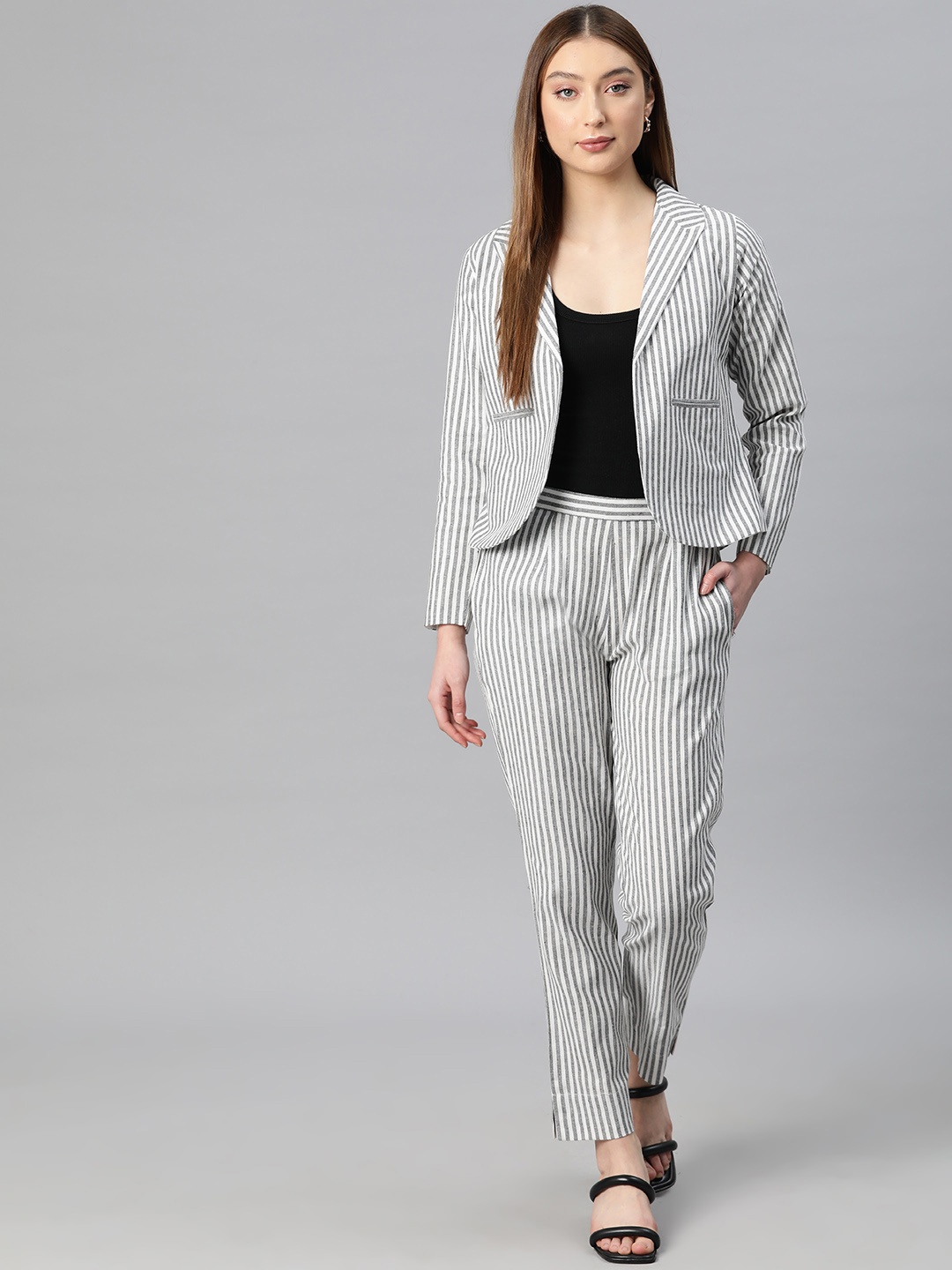 

Cottinfab Women Striped Notched Lapel Two-Piece Suit, Grey